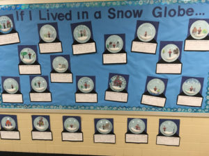bulletin board with students' snow globes