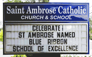church sign announcing Blue Ribbon School award